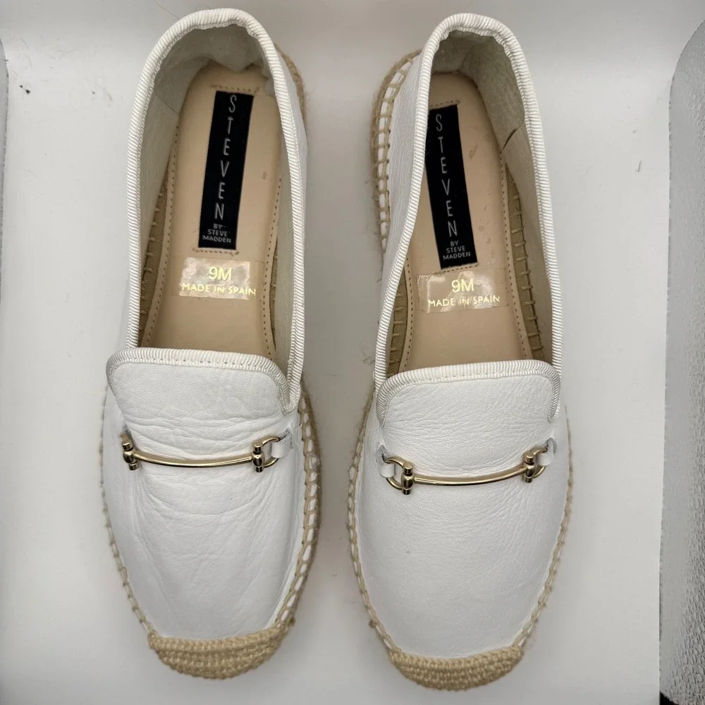 Steven Steve Madden White Leather Espadrille‎ Loafers Gold Bit Made in Spain 9M